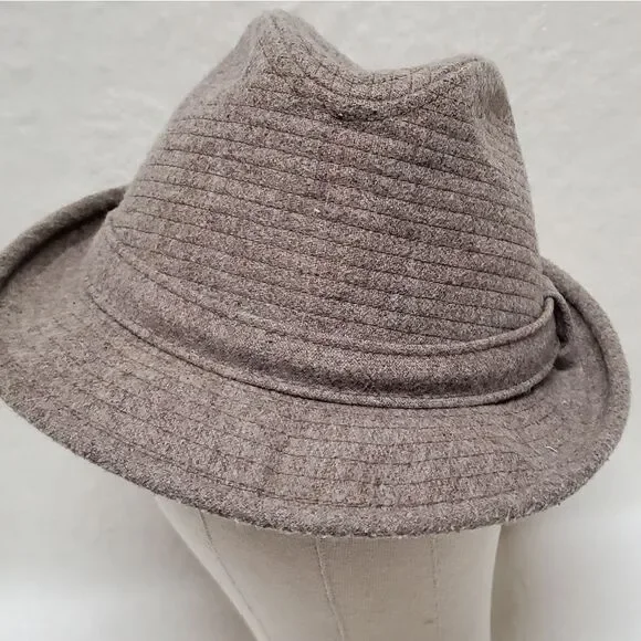 𝅺VINTAGE Totes Wool Felt Tan Gray Striped Lined Fedora Hat Extra Large